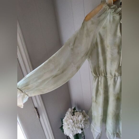 Sealgirl Chiffon Floral Sage White Sheer Long Sleeve Midi Dress Size Large - Picture 8 of 10